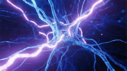 Neuron cell with electric impulses in a dark background