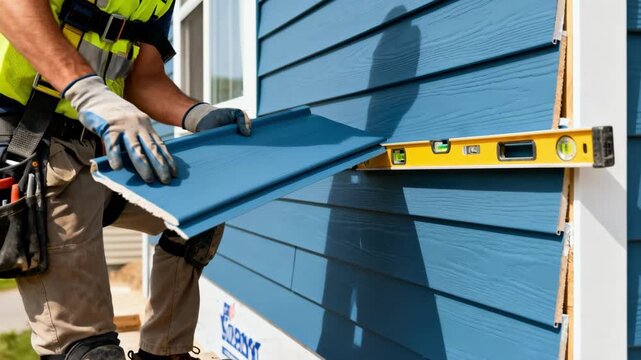 Skilled installer aligning blue vinyl siding sections on a residential building facade highlighting attention to detail and craftsmanship in exterior cladding