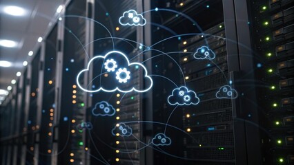 A data center with server racks and cloud computing icons, illustrating the connection and flow of information in a digital environment.