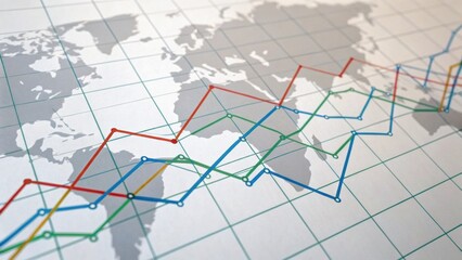 A detailed line graph overlaid on a world map, showcasing data trends and variations across different regions.