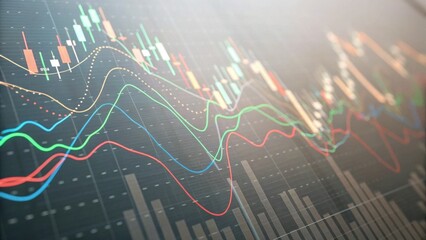 A close-up view of financial data charts, featuring colorful lines and bars representing market trends and statistics.