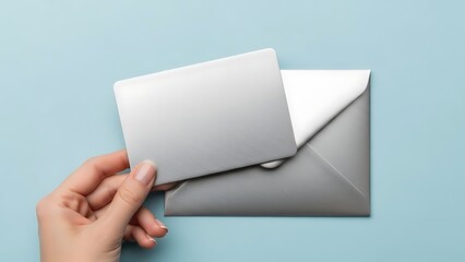 Hand holding blank card with silver envelope on blue background