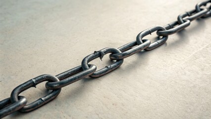Obraz premium A close-up view of a heavy, metallic chain lying flat on a concrete surface, showcasing its links and rugged texture.