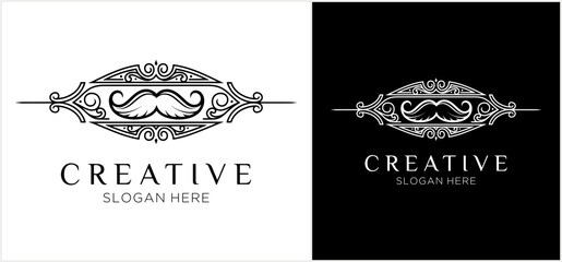 Elegant logo design showcasing a mustache within an ornate frame, presented on both white and black backgrounds.