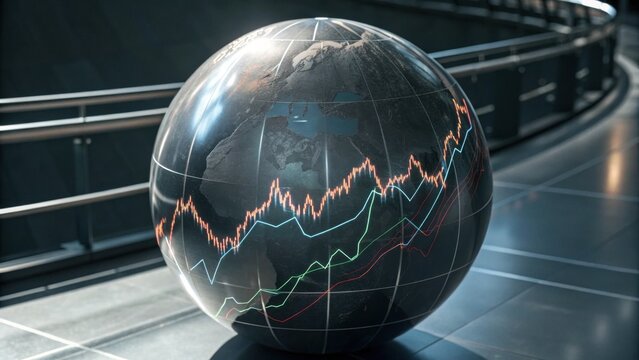 A glossy globe displaying financial graphs and trends, symbolizing global markets and economic data. - Powered by Adobe
