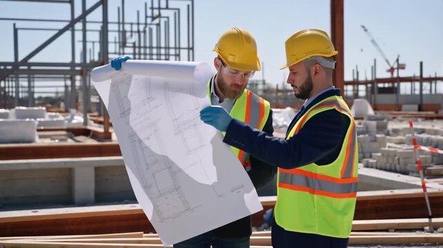 Mastering Construction: Engineers Collaborate on Project Blueprints On-Site