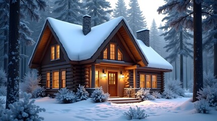 Cozy illuminated log cabin nestled in a snowy winter forest with tall pine tree silhouette at twilight