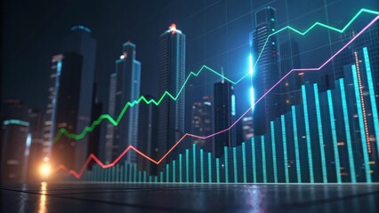 A futuristic cityscape featuring glowing financial graphs, symbolizing growth and data analysis in a vibrant urban environment.