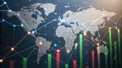 A digital world map with colorful data visualizations, including graphs and charts, representing global trends and analytics.