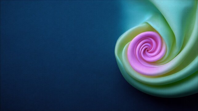An abstract image of a swirl of pink and green fabric against a dark blue background. The fabric is arranged in a spiral pattern.
