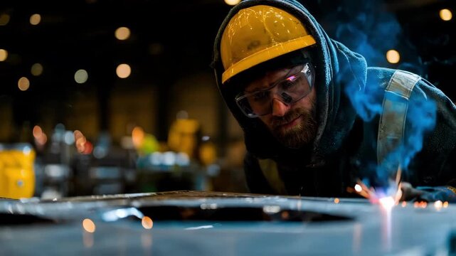 Medium shot of technician visually inspecting metal casting surface for defects under bright workshop lighting