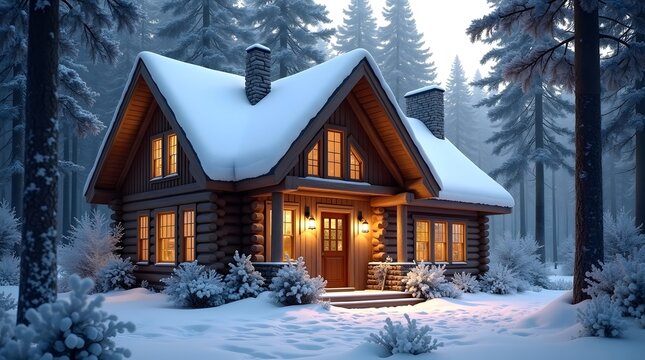 Cozy illuminated log cabin nestled in a snowy winter forest with tall pine tree silhouette at twilight