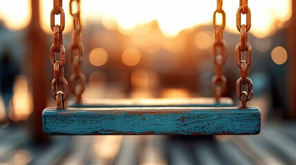 Close-up of an empty swing hanging from chains in a playground, with a blurred background of golden sunlight.