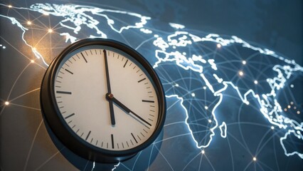 A clock overlaying a world map, symbolizing global time management and connectivity.