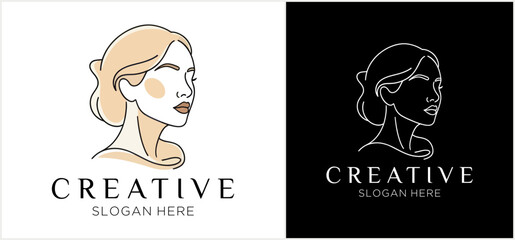 A minimalist line art logo of an elegant woman's face in profile, shown in two color variations for creative branding.