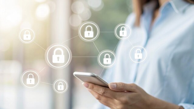A person is holding a smartphone with digital lock icons, symbolizing cybersecurity and data protection.