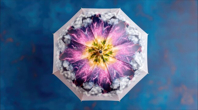 Overhead view of an umbrella featuring a lightning and cloud design against a blue background. - Powered by Adobe