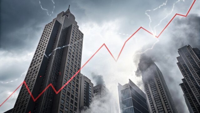 A dramatic cityscape featuring towering skyscrapers against a stormy sky, illustrating a rising trend with a red graph line.
