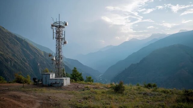 Medium shot of a satellite paging system antenna set against a remote mountainous backdrop transmitting signals to support emergency communications.