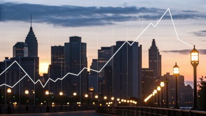 A city skyline at sunset, featuring a financial graph overlay, symbolizing economic growth and urban development.
