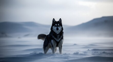 Fototapeta premium A majestic black and white Siberian Husky dog standing strong against a fierce blizzard in a vast, frozen, snow-covered arctic landscape