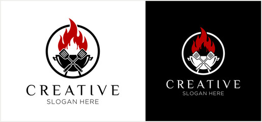 Modern barbecue grill logo design featuring red flames and crossed tongs within a circular emblem, displayed on contrasting backgrounds.