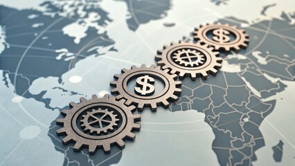 A visual representation of interconnected gears with dollar signs, set against a world map, symbolizing global finance and industry.