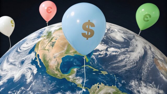 Colorful balloons with currency symbols float above the Earth, symbolizing global economy and finance in a playful yet thought-provoking manner.