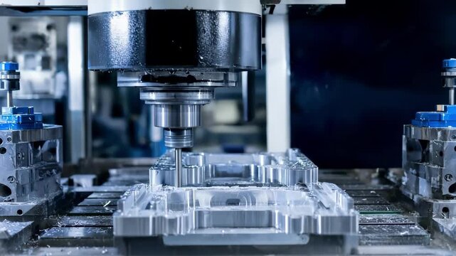 Shot of a CNC machining center performing multiaxis milling on a complex casting emphasizing synchronized tool movements and precision control in a manufacturing setting.
