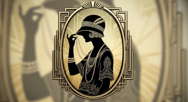 Vintage 1920s style illustration with a silhouette of a flapper woman in an elegant Art Deco golden frame - Powered by Adobe