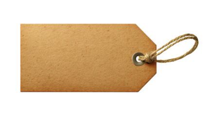 Blank brown kraft paper tag with string and metallic eyelet, providing copy space for price, discount or message on transparent background