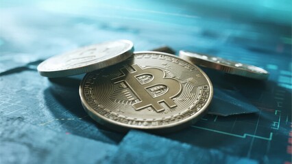 Golden Bitcoin coins resting on a digital financial chart background