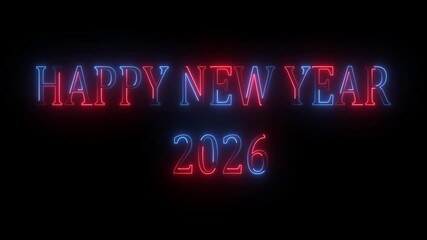 New year 2026 text icon animation glowing neon red color number anniversary template banner sign signboard holiday code digit rectangle box font letter word on black background