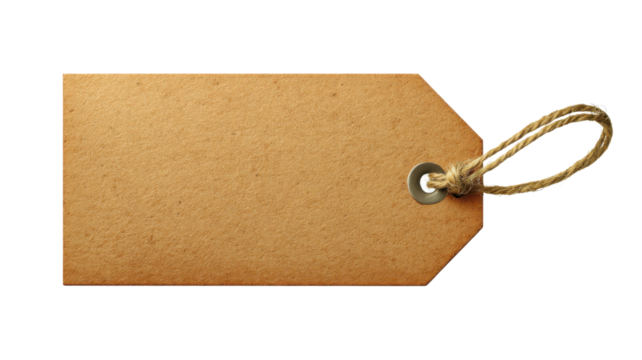 Blank brown kraft paper tag with string and metallic eyelet, providing copy space for price, discount or message on transparent background