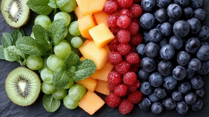 A vibrant arrangement of fresh fruit including kiwi, grapes, cantaloupe, raspberries, and blueberries, artfully displayed on a dark surface.