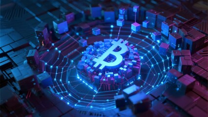 Digital representation of a Bitcoin symbol surrounded by glowing circuits and data blocks in a futuristic cityscape.