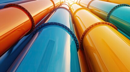 Close-up of a series of vibrant, colorful pipes arranged in a diagonal perspective, with bright, warm lighting and reflections.