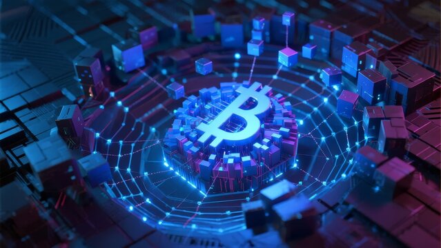 Digital representation of a Bitcoin symbol surrounded by glowing circuits and data blocks in a futuristic cityscape.