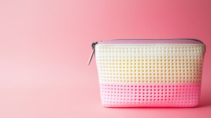 bronzer. Cosmetic bag closeup against soft pink backdrop with even illumination, lifestyle magazines, social media lookbooks, designed for influencer and brand collaborations.