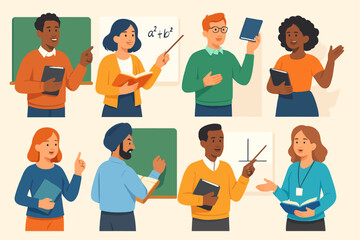 Fototapeta premium Diverse educators presenting lessons and knowledge in classroom settings.