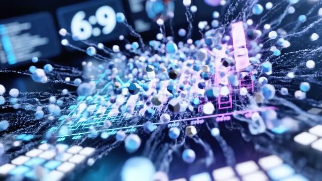 An abstract, glowing data visualization with bar graphs and a 69 display