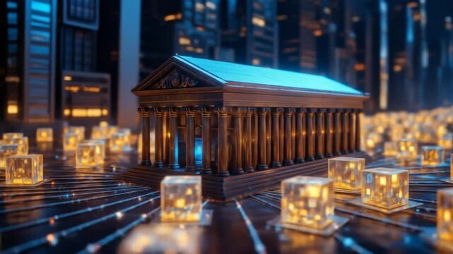 A digital bank building connected by glowing blockchain cubes. Representing financial technology, FinTech, and secure, modern network services. 4k video