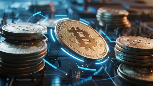 Golden Bitcoin coins stacked on a digital circuit board with glowing blue lines, symbolizing cryptocurrency technology.