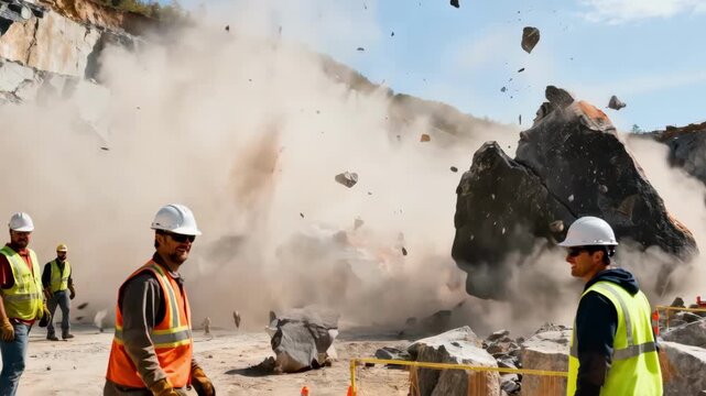 Controlled blasting sequence captured midexplosion as workers ensure safe removal of giant rock obstruction in open quarry