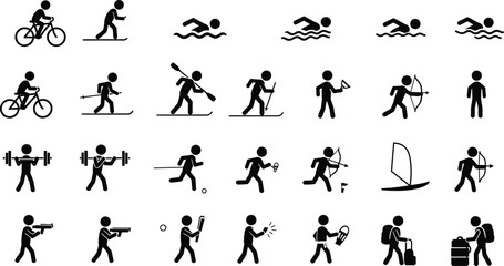 Collection of black stick figure icons depicting various sports and activities activity cycling
