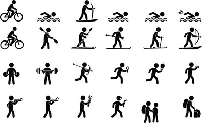 Collection of Black Stick Figure Icons Representing Various Sports and Activities silhouette activity