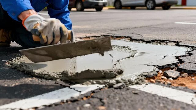 Closeup in medium shot of a technician applying fresh concrete patches over damaged pavement areas to restore the parking surface.