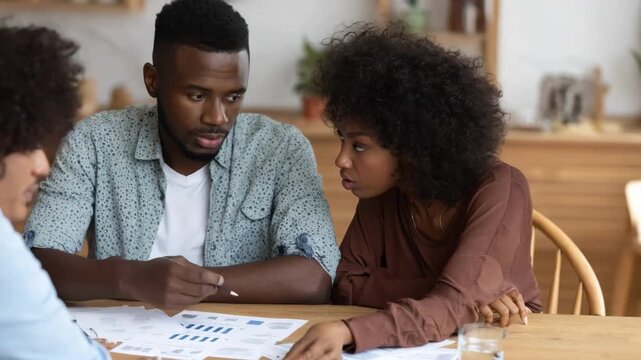 Medium shot of a financial advisor explaining debttoincome ratios to a young couple highlighting borrower ability in different income scenarios.