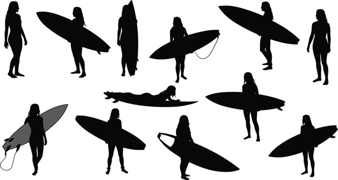 Collection of female surfer silhouettes in various poses with surfboards woman surfing - Powered by Adobe
