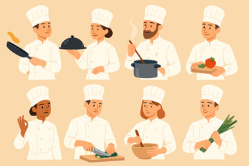 Diverse Group of Professional Chefs in Various Culinary Poses and Activities.